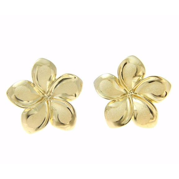 14K yellow gold Hawaiian 19.50mm plumeria flower stud post earrings