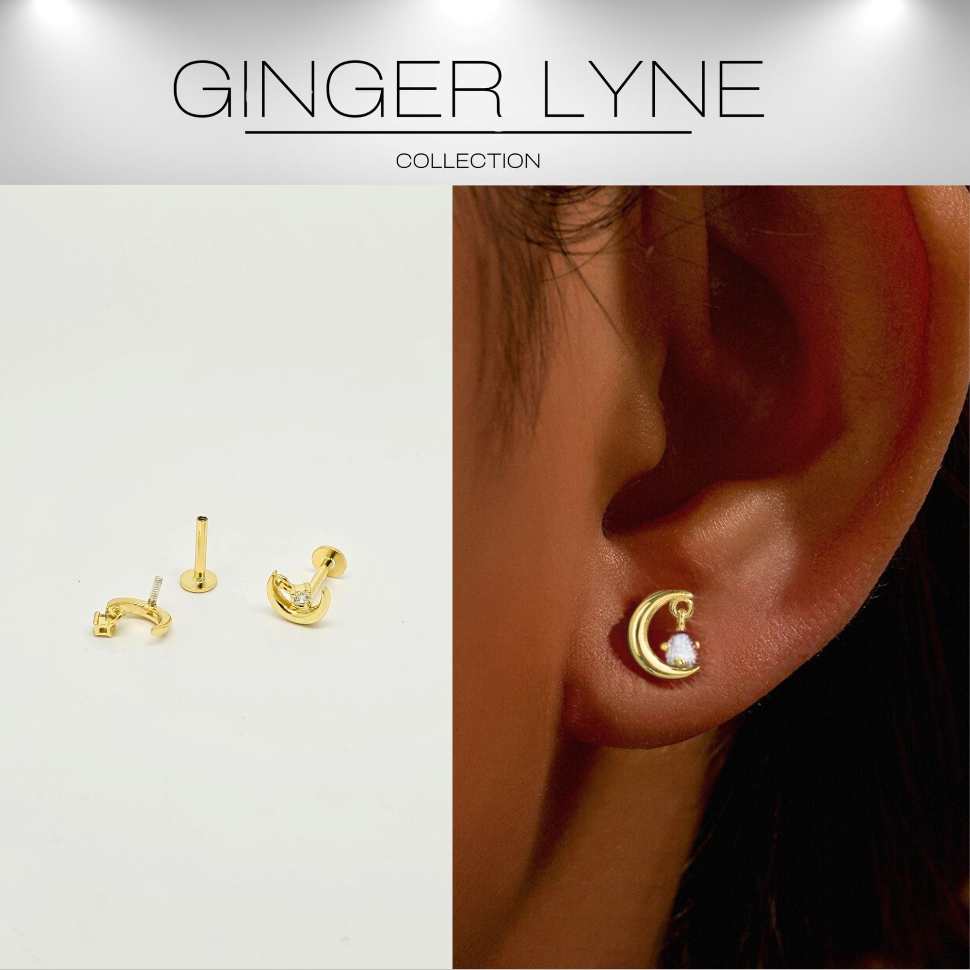 Moon and Star Flat Back Earrings for Women Sterling Silver 16g Cartilage Helix Lobe Body Piercing Stud Ginger Lyne