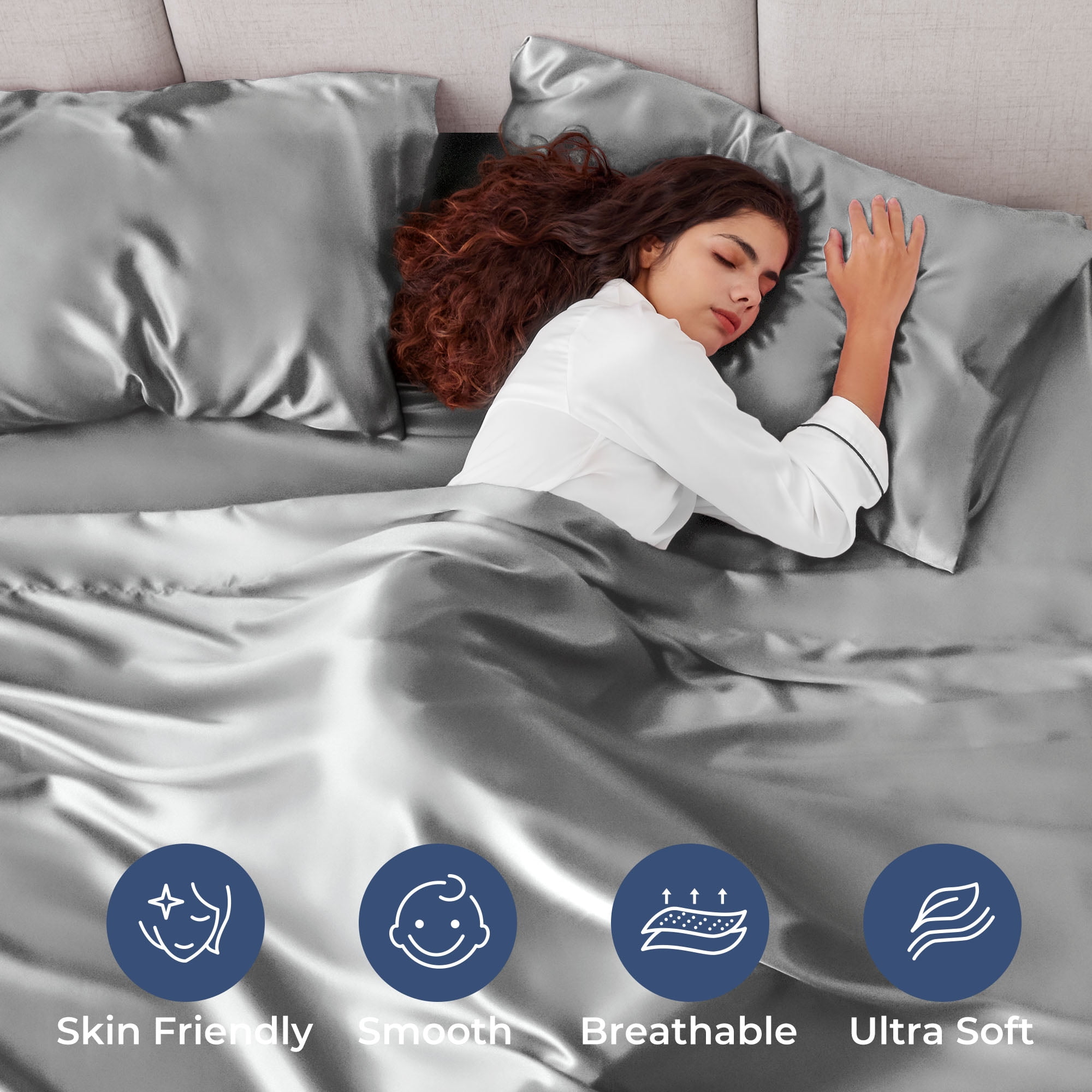 Seasonwood Microfiber Satin Grey Sheets Queen Size Luxury Silk 4-Piece Bed Sheets