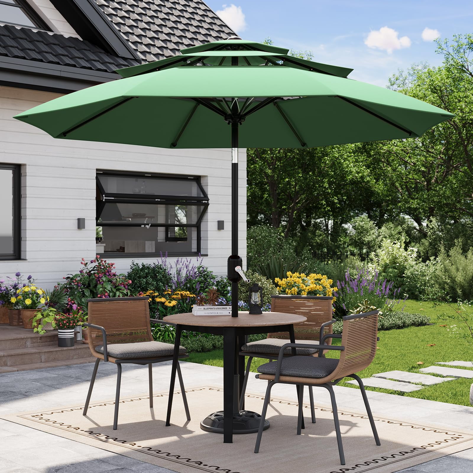 QinaQin Vented Patio Umbrella,8 Sturdy Ribs,Easy Crank & Tilt,Outdoor Market Table Parasol,Dark Green