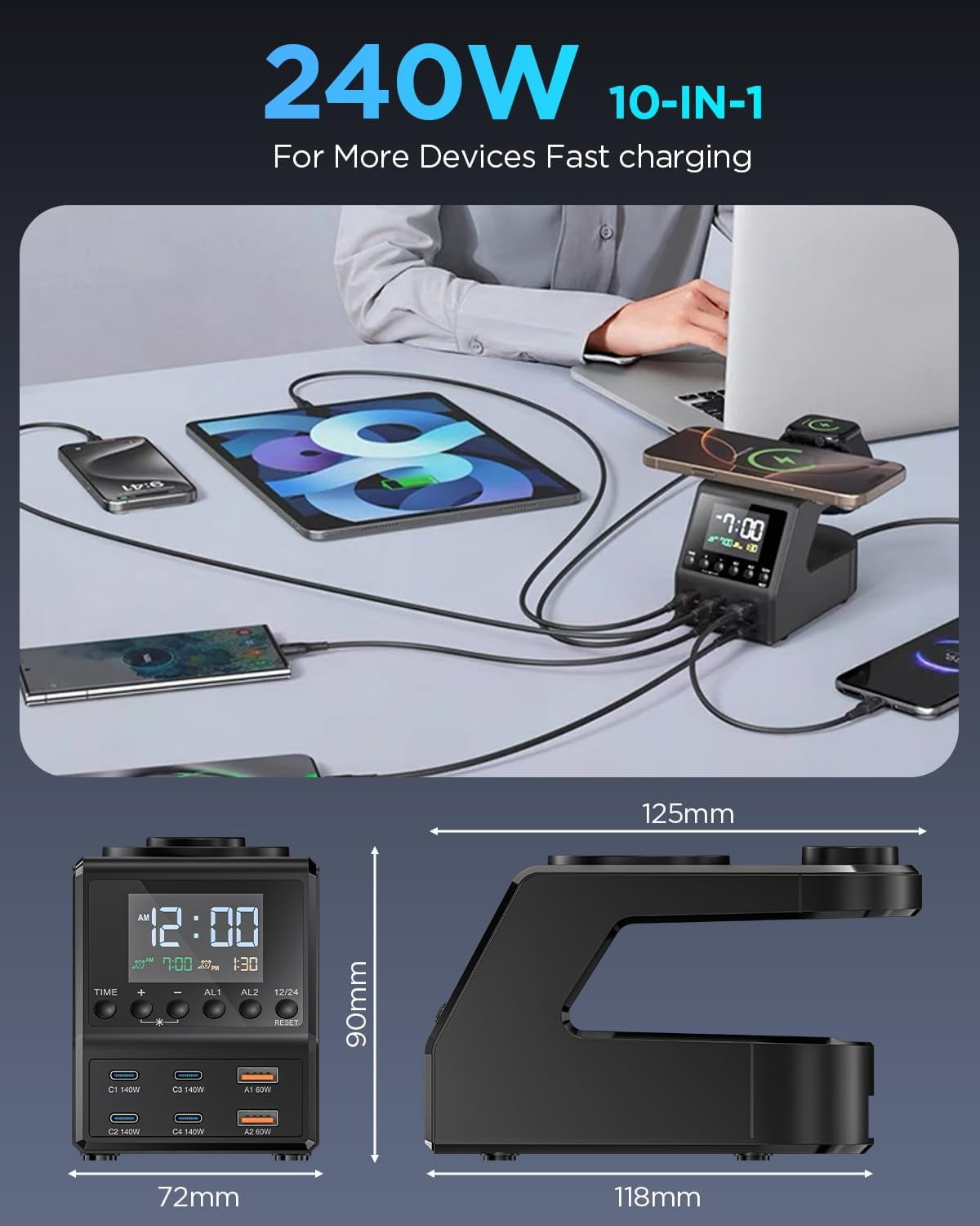 240W GaN Charging Station for Multiple Devices,8-Port Wireless Charger USB C Fast for MacBook/iPhone/Android Phones/iPad/Tablets, with Alarm Time Display