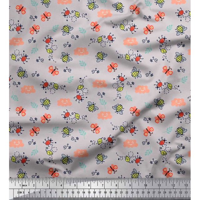 Soimoi Gray Modal Satin Fabric Honey Bee & Bettle Bee Insects Fabric Prints by Yard 42 Inch Wide
