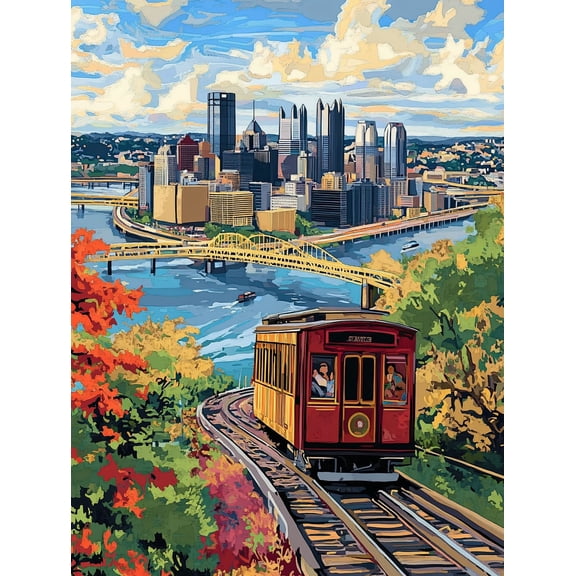 Pittsburgh Cityscape Scenic Train Canvas Print/Wall Art, Suitable for Living Room, Bedroom, Office, Dining Room, and Hotel Decoration.
