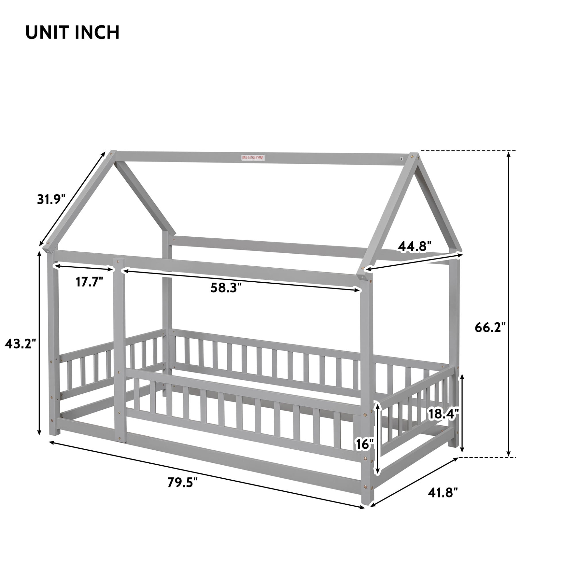 Modern Twin Size Montessori Floor Bed with House Roof Frame, Fence Guardrails and Opening, Grey