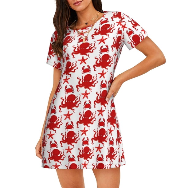 Fotbe Octopus Bata de Dormir para Mujer con Estampado, Camisón de Algodón de Manga Corta, Ropa de Dormir Casual