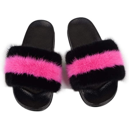 

Women s Fur Slides Fluffy Fur Lovely Slipper Rubber Flat Non-Slip Casual Slippers for Ladies Multicolor