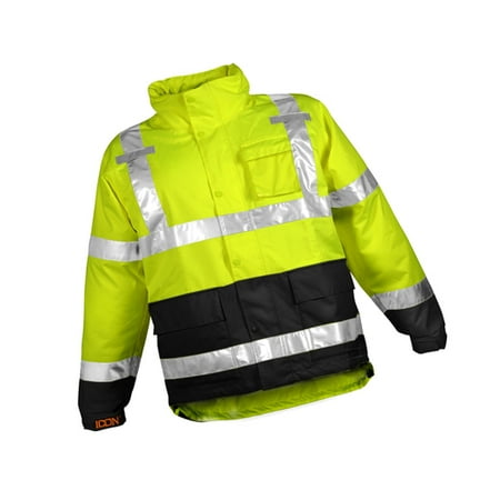 Polyurethane Raincoat (Tingley X-Large 33 1/2'' Fluorescent Yellow/Green/Black Icon Job Sight 12 mil Polyurethane And Polyester Rain Jacket With Storm Fly Front And Zipper Closure, Silver Reflective Tape And Attached)
