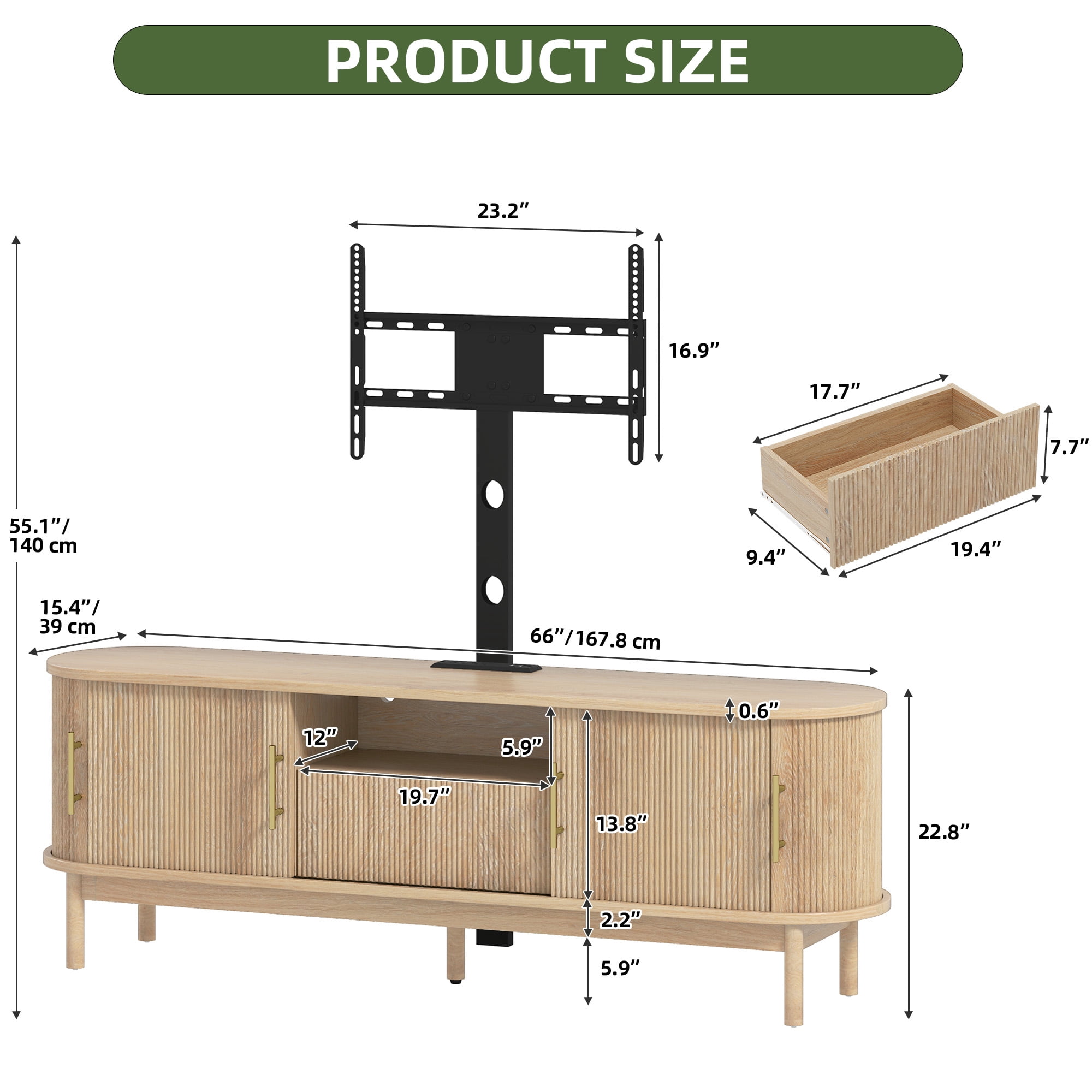 Uforic 65" TV Stand with Mount for 32-75" TVs, Height Adjustable Fluted Entertainment Center, Oak
