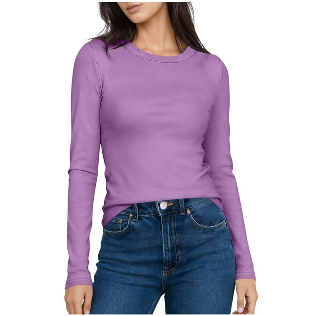 Lenpel Chandails Thermiques pour Femmes Doux Décontractés à Manches Longues Col Ras du Cou Doublés en Molleton Couches de Base Hauts Automne Hiver sous-Maillots (Violet, Moyen)