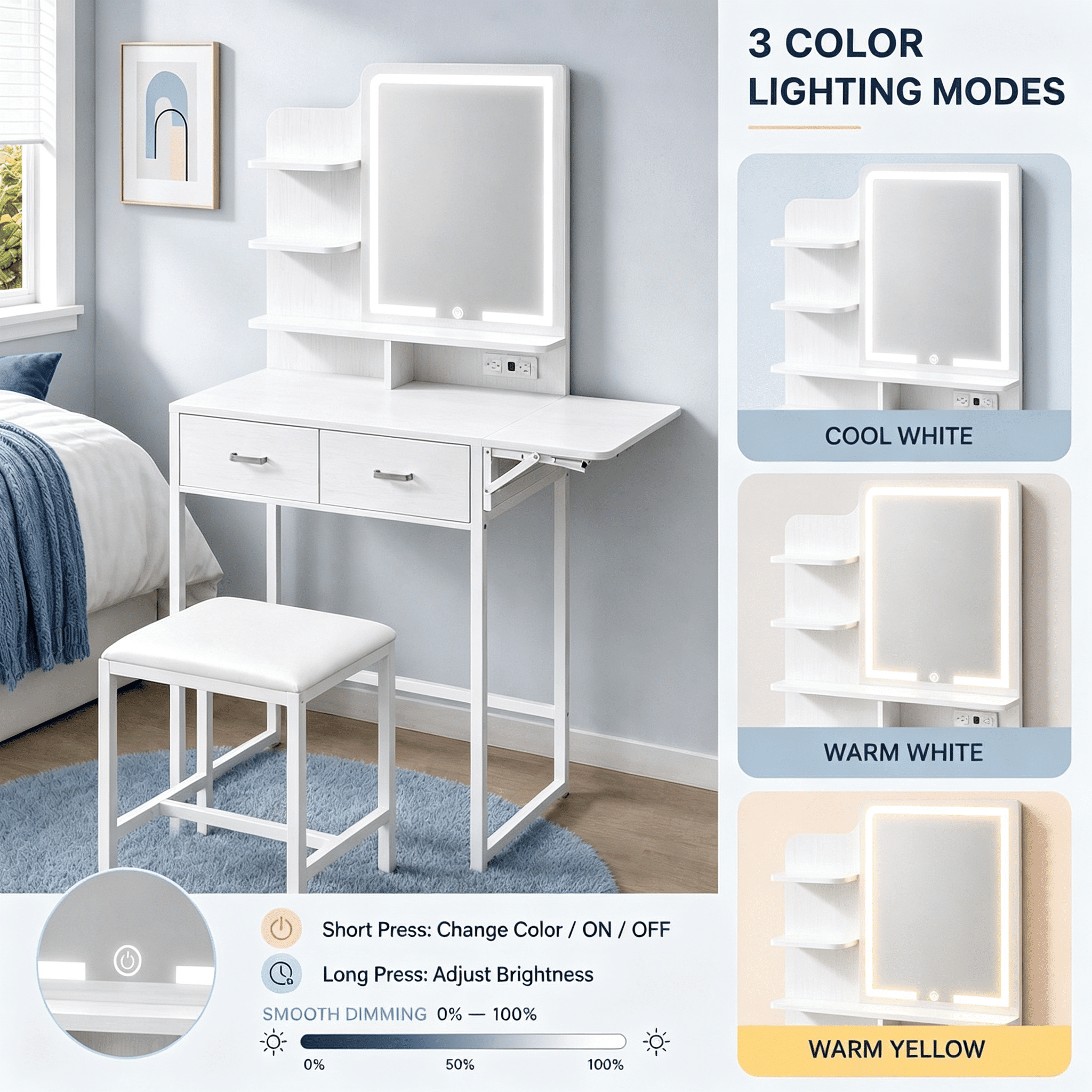 Vanity Desk with LED Lighted Mirror, Foldable Makeup Table Set with 2 Drawers, Cushioned Stool, Built-in Power Outlet and USB Ports, Open Storage Shelves, 32.6 in Extended Width