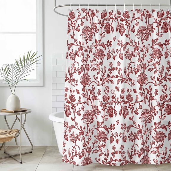 Red Boho Flower Waterproof Shower Curtain, Large 72"x78" Washable Polyester Fabric Shower Curtains for Bathroom, Vintage Paisley Farmhouse Pattern Decorative Bathtub Curtain Sets with Hooks