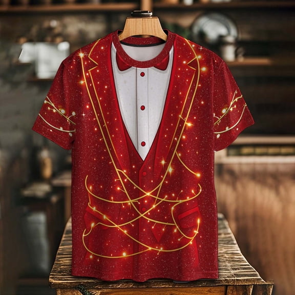 VBTAPA Tuxedo T-Shirt Short Sleeve Funny Tux with Bowtie Graphic Tee Shirt for Men Casual Holiday Tops Red M