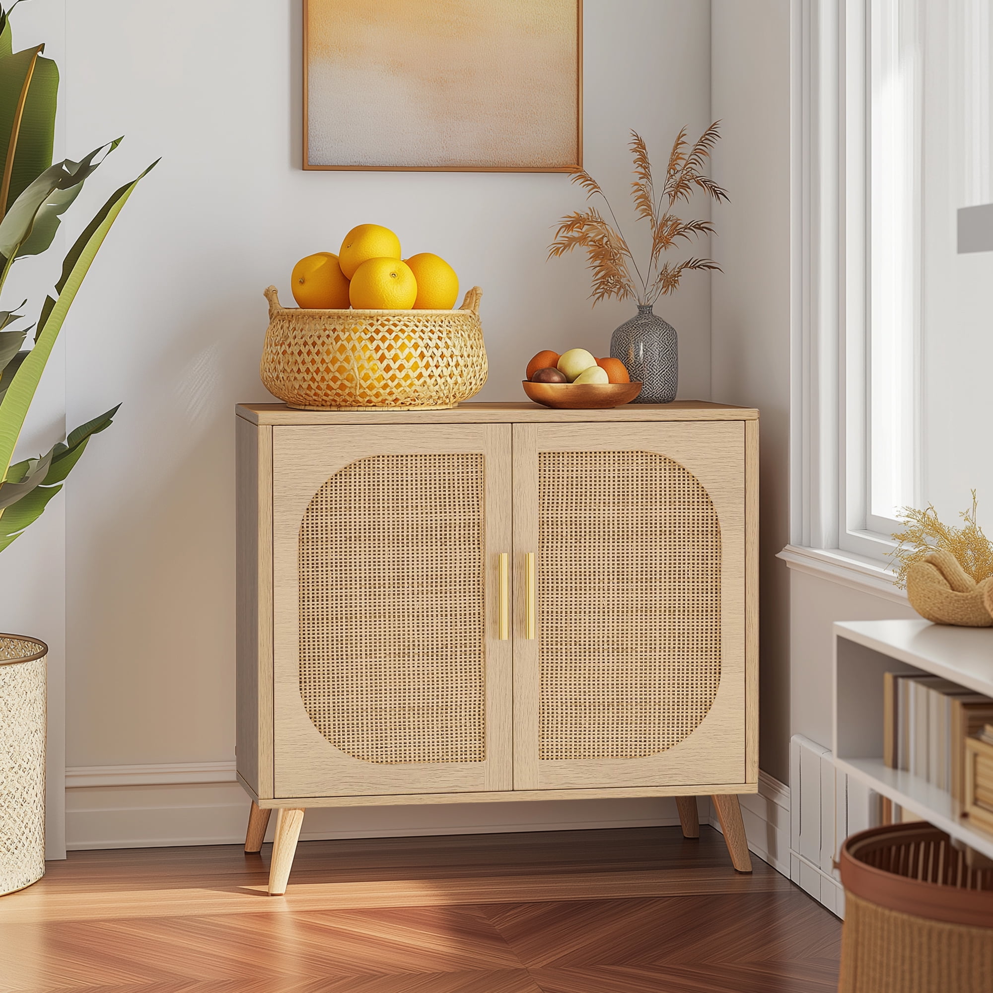 Natural Buffet Cabinet with 2 Doors and 4 Compartments – Solid Wood Feet Sideboard for Bathroom, Hallway, Entry, Living Room