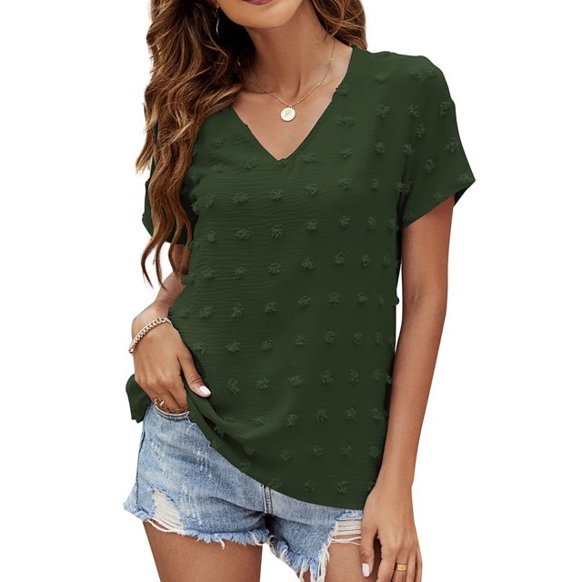 Tops de verano para mujer, diseño de pompón, cuello en V, manga corta, elegante, Color puro, camisa informal para mujer, para fiesta, oficina, viajes, OD verde XL