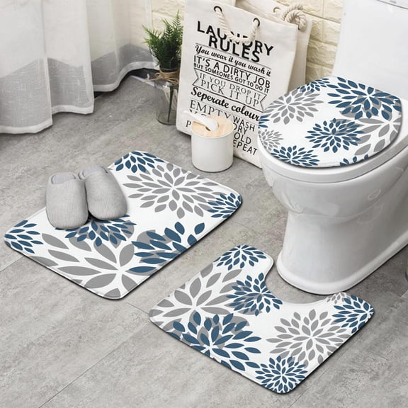 Purple Floral and Petal Pattern Bathroom Rugs Sets 3 Piece,Toilet Cover Set,Absorbent Non Slip Bathroom Mats Sets with U-Shaped Contour Rug Toilet Rug Set