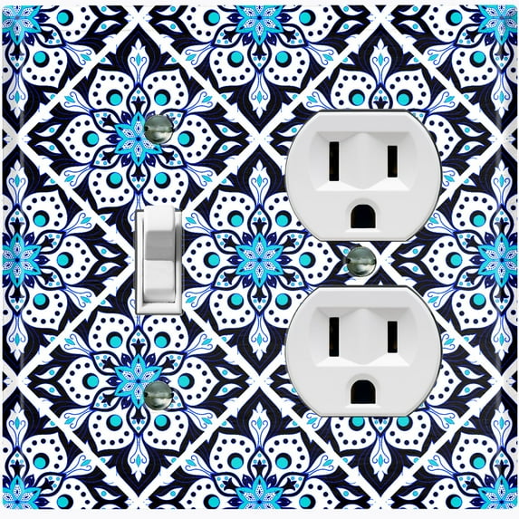 Metal Light Switch Plate Cover White Blue Mandala Flower Tile Pattern MDL031