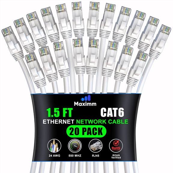 Maximm Cat 6 Ethernet Cable 1.5 ft (20-Pack) - High-Speed LAN Cable, Internet Cable, Patch Cable, and Network Cable - UTP, 10Gbps, 550MHz Ethernet Cord - White