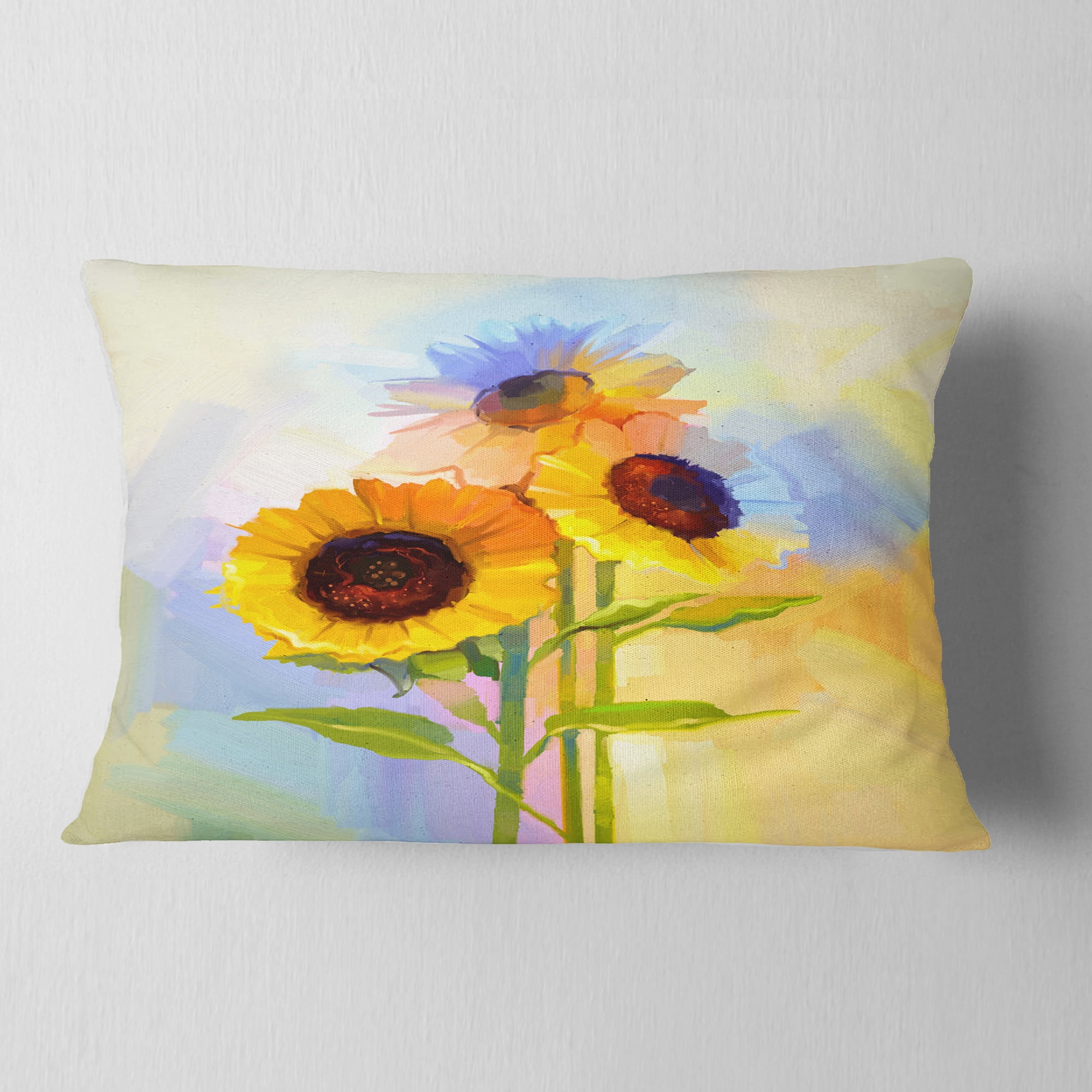 Designart Yellow Sunflowers with Green Leaves - Floral Throw Pillow - 12x20