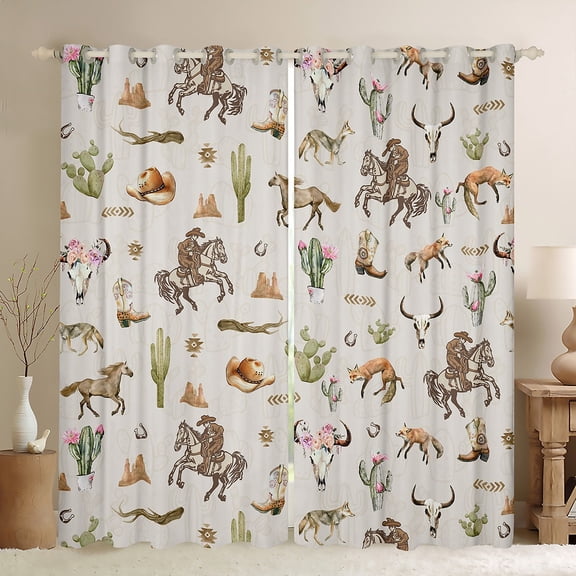 Feelyou Bohemian Sheep Skeleton Black Out Curtains, Vintage Western Horse Cactus Curtains Pack of 2 (42x63 Each), Rustic Cowgirl Cowboy Bedroom Curtains, Blackout Curtains Bedroom Decor