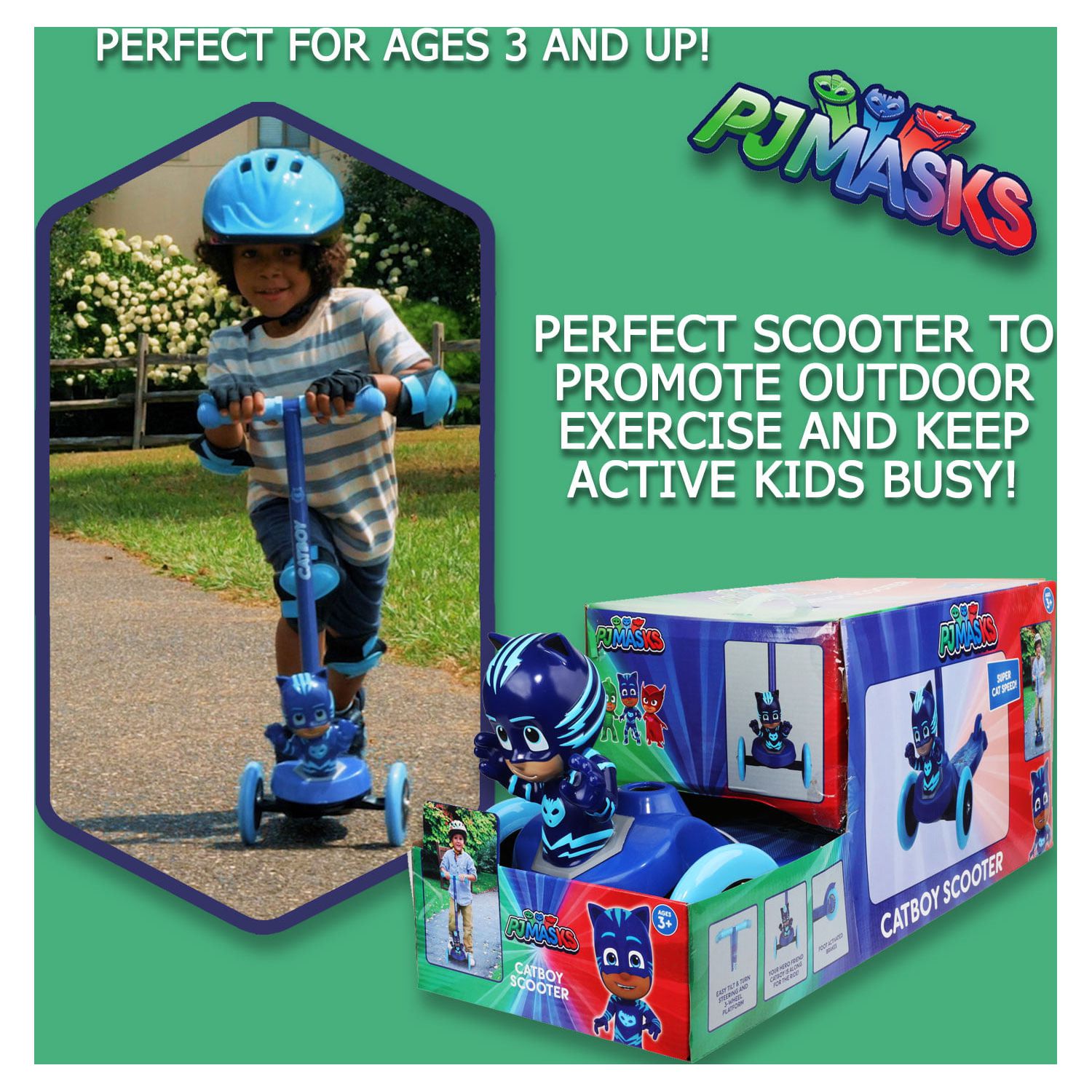 PJ Mask Catboy 3D Scooter with 3 Wheels Tilt and Turn- Blue, For Boys and Girls Ages 3+, Max Weight 75lbs, Foot-Activated Brakes