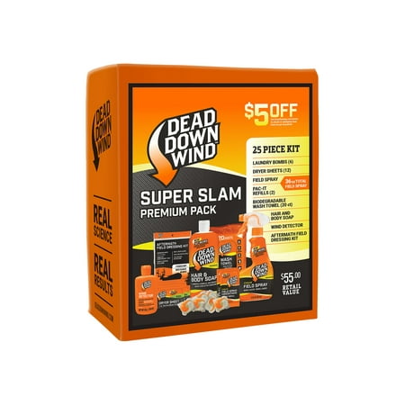 Super Slam Premium Kit- 13 Pieces! 6 Laundry Pods, 12oz Field Spray, 2 Pac-its, 20ct Wash Cloths, 28 gm Wind Detector, 15 ct. Dryer Sheets, 12oz Body & Hair Soap