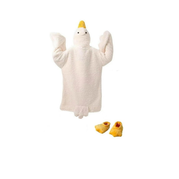BingTong Goose Blanket Hoodie Onesie, Fleece Oversized Wearable Blanket Hoodie With Sleeves And Goose Feet Slippers Warm and Cozy Flannel, Gift White L