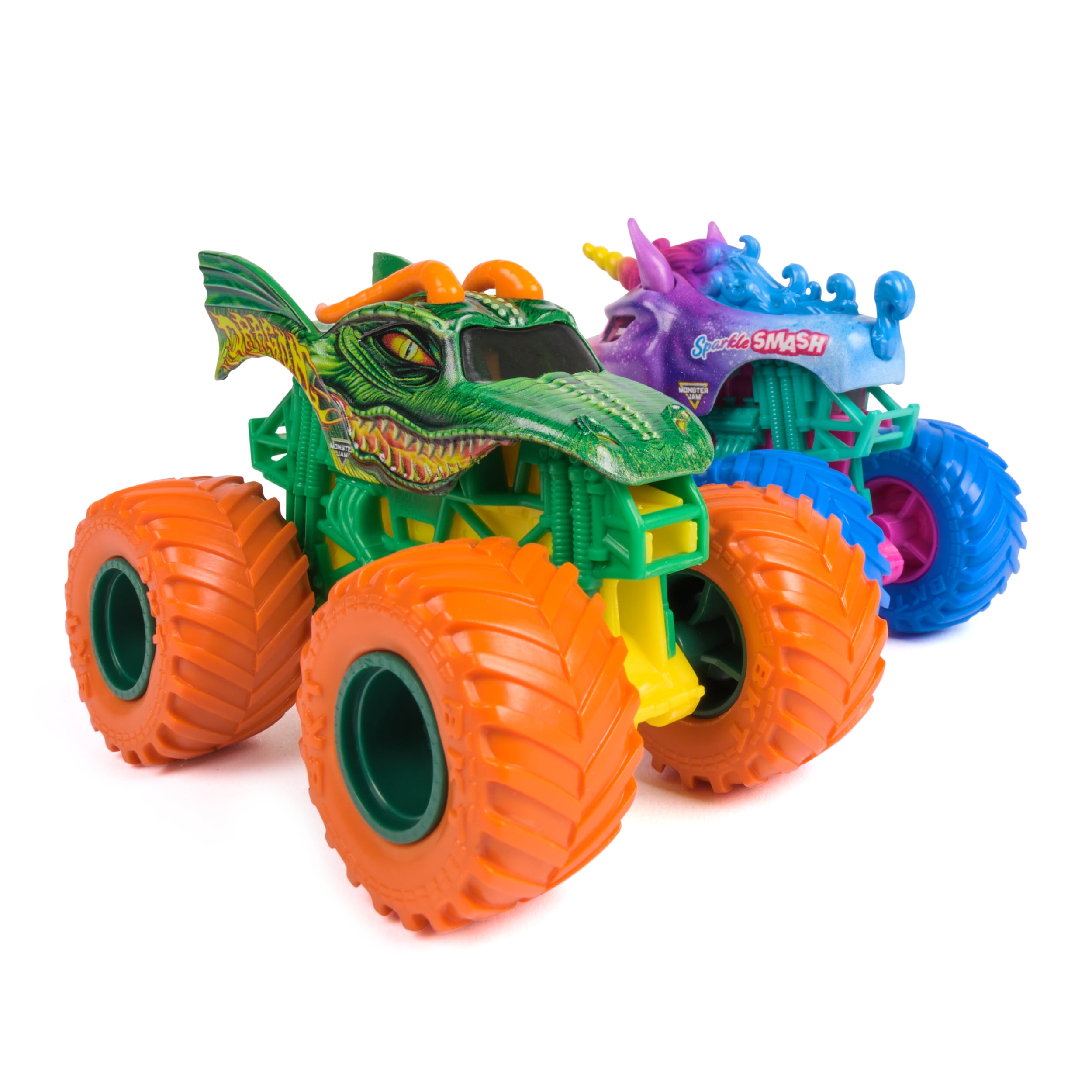 Monster Jam, Dragon Vs. Sparkle Smash Die-Cast Monster Trucks, 1:64 Scale, Kids Toys for Boys Ages 3 and up
