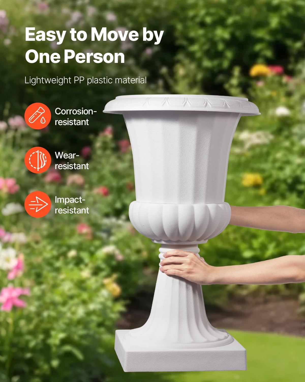 VEVOR Plastic Urn Planters, 15.8 x 26.4 Inch, 2 Pack White Classic Flower Pots Front Porch Planters, Indoor & Outdoor Vase for Wedding, Party, Event, Home, Stage, Garden, Balcony, Patio Decoration