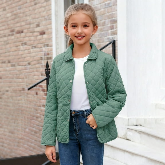 UQJfacai Girls Quilted Jacket Kids Button Down Padded Fall Coats Casual Winter Collared Long Sleeve Cardigan Outerwear with Pockets