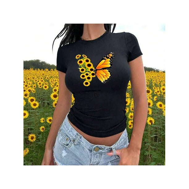 Blusa con Estampado de Mariposa y Girasoles – Diseño Único y Significativo Color Negro Talla Mediana Marca Emil SaEs