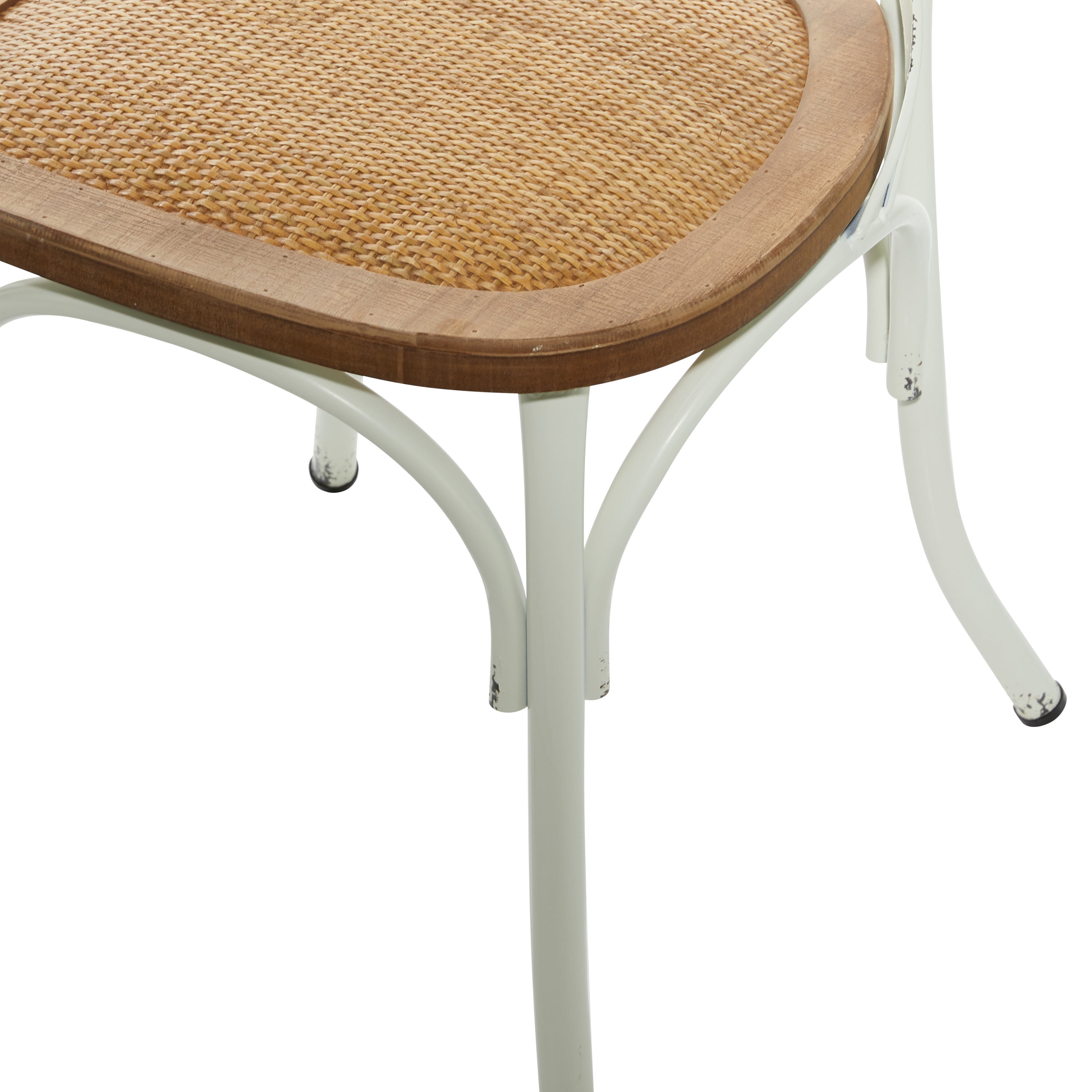 DecMode Metal Dining Chair with Brown Rattan Seat, Set of 2, White