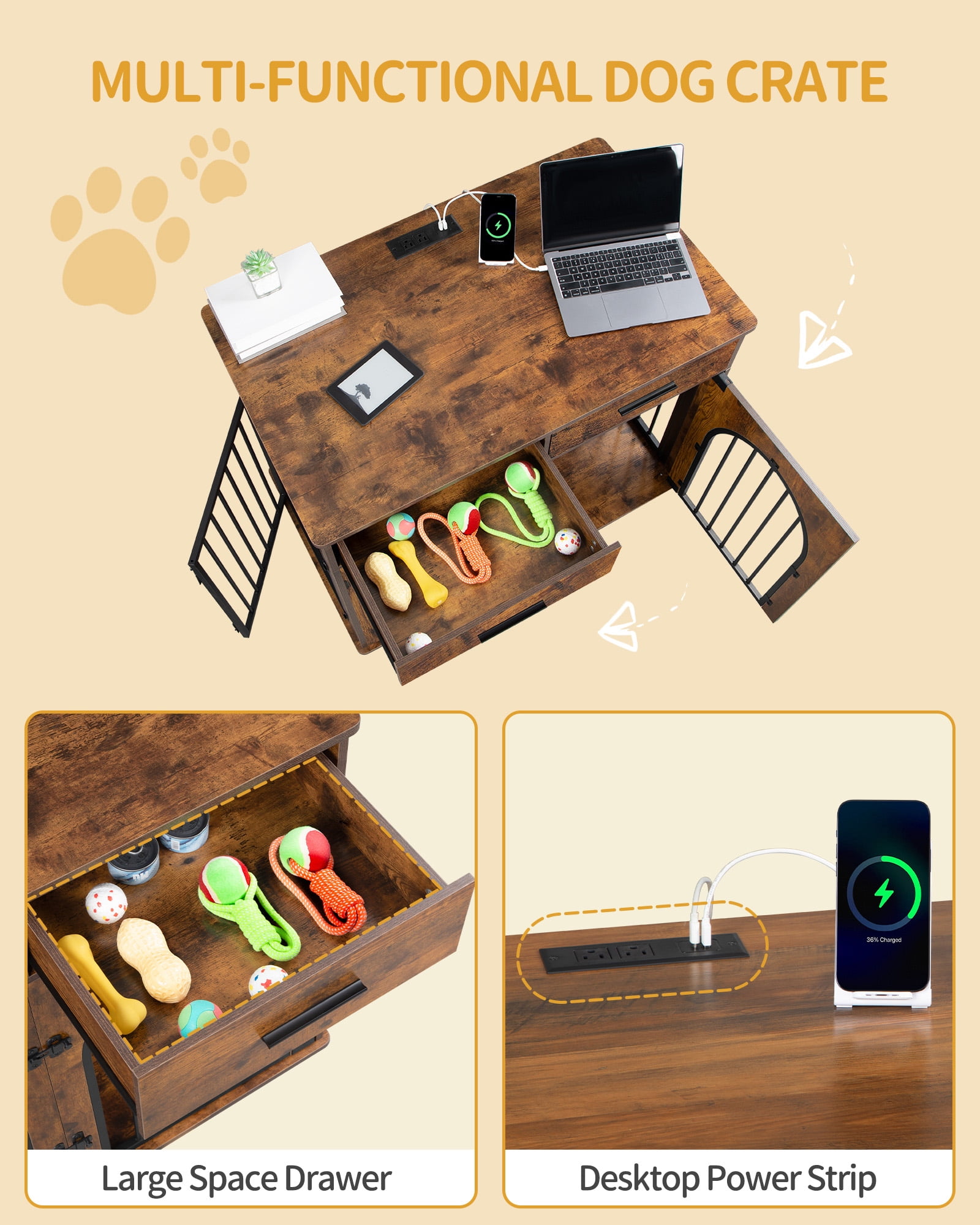 39.4"Wooden Dog Crate Furniture with 2 Drawers, Charging Station,for Medium/Large Dogs,Rustic Brown
