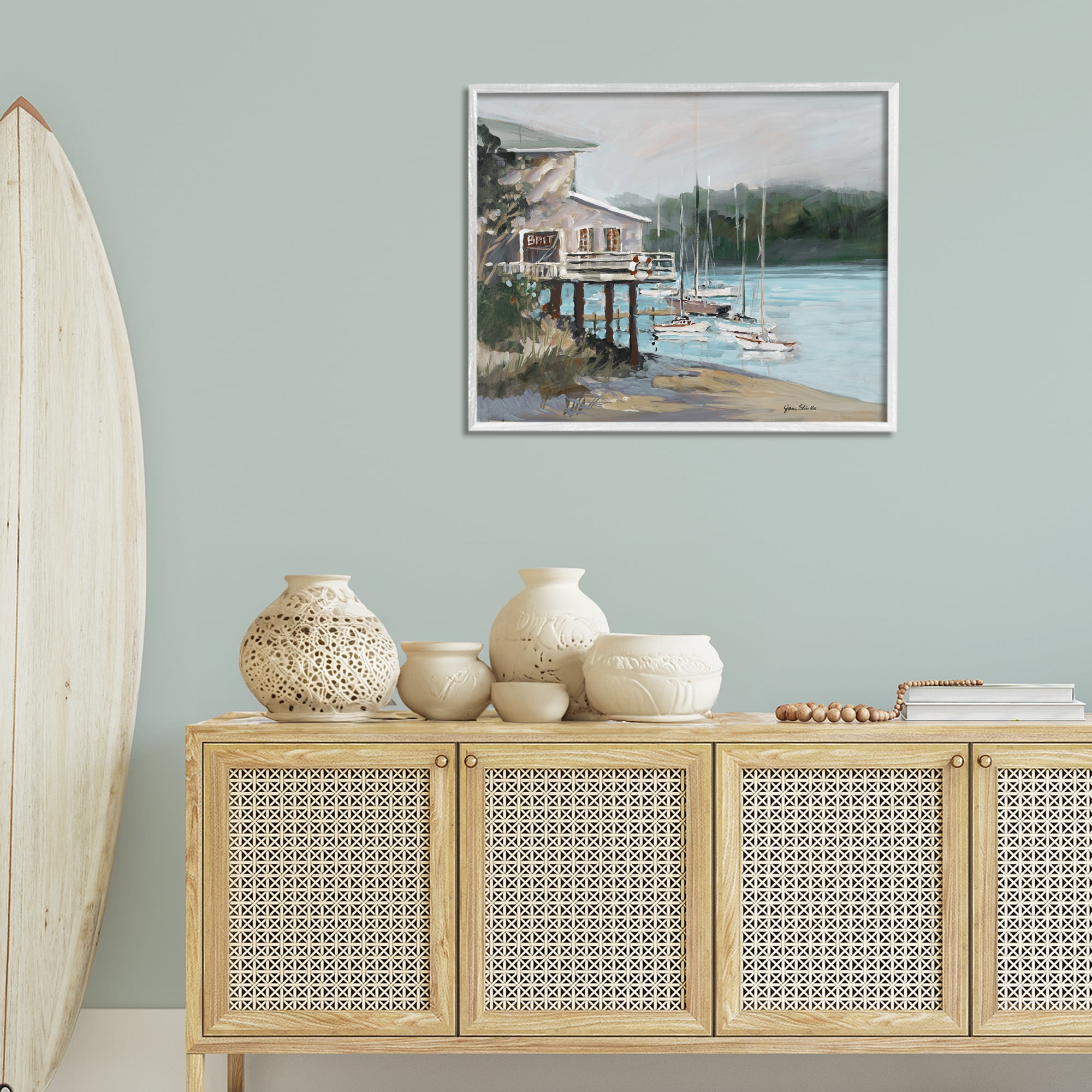 Stupell Industries Boat Marina Harbor Coastal Painting White Framed Art Print Wall Art, 30 x 24