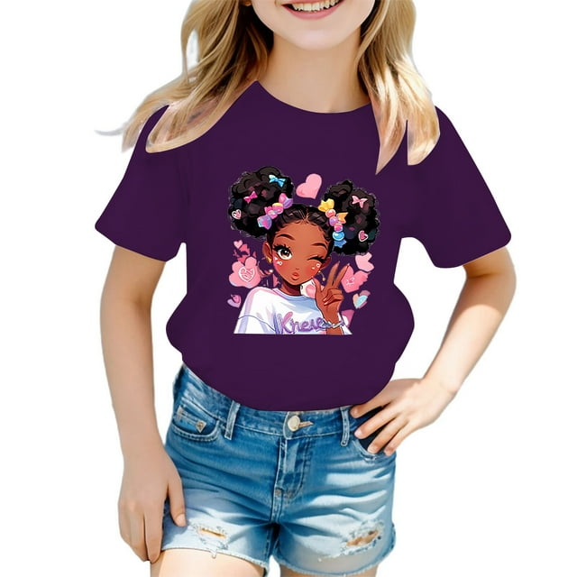 MEZZALL T-Shirt Graphique Mignon pour Fille, Col Rond, Manches Courtes, Tee d'Été Décontracté, T-Shirts Hauts, Violet, 7-8 Ans