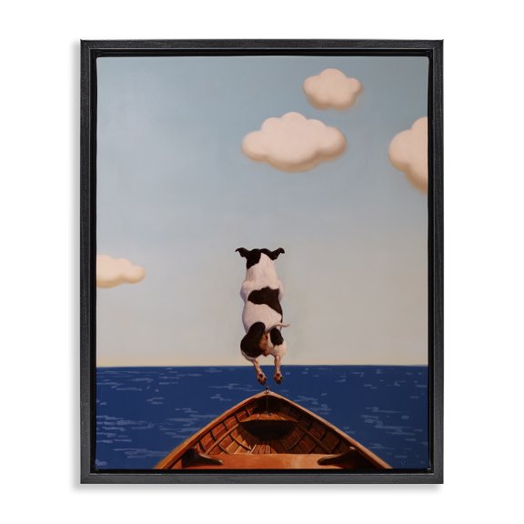 Stupell Industries Coastal Dog Jumping In Lake Black Floating Frame Canvas Art, 17 x 21, by Lucia Heffernan