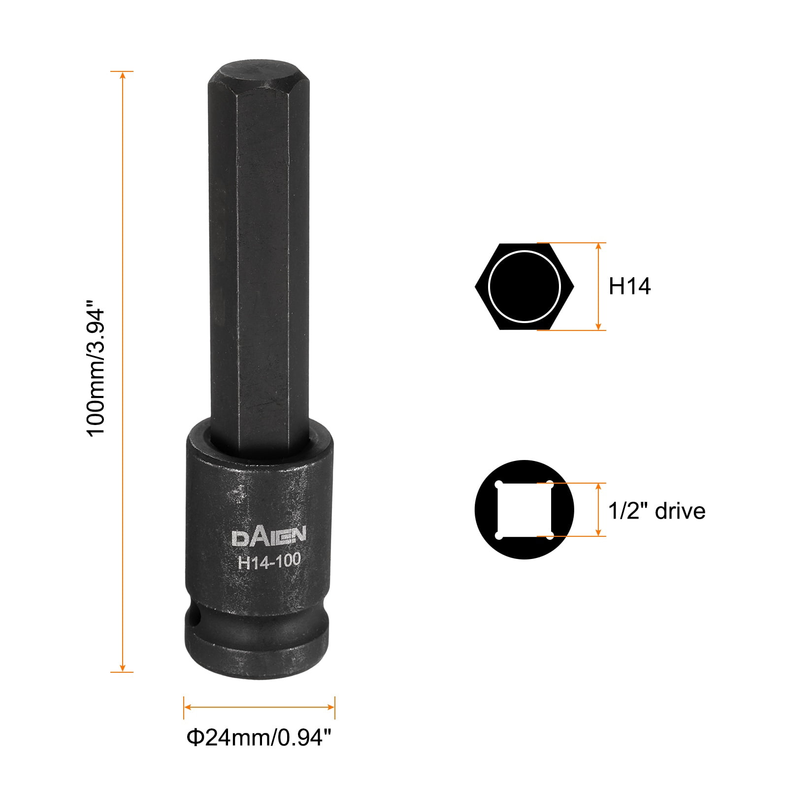 Uxcell 2pcs H14 Hex Bit Socket 100mm/3.94" Length 1/2" Square Drive Metric Extension Impact Bit Power Nut Driver Set S2 Steel Socket Ratchet Wrench Bits, Black