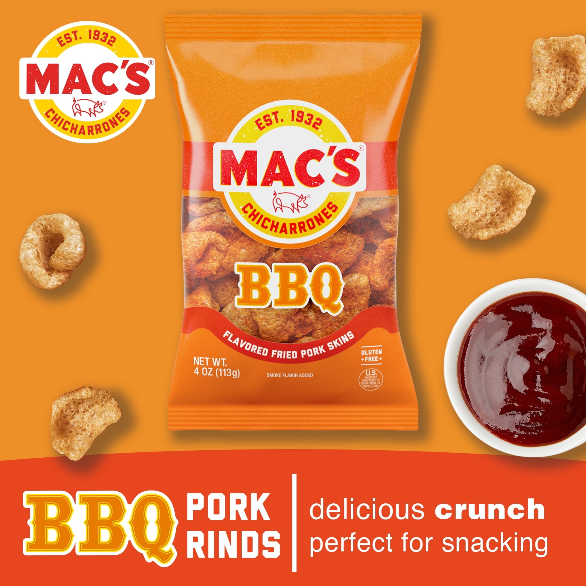 (4 pack) Mac's BBQ Chicharrones Pork Rinds, Pork Skins, 4 oz Bag