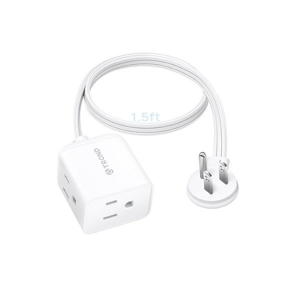 TROND Flat Extension Cord 15ft - Right Angled Flat Plug Power Strip, 3 Grounded Plug Extension Outlets, Three Prong, SPT 16/3 Gauge Power Cable, 13 Amps, Compact for Indoor Home Office Kitchen, White