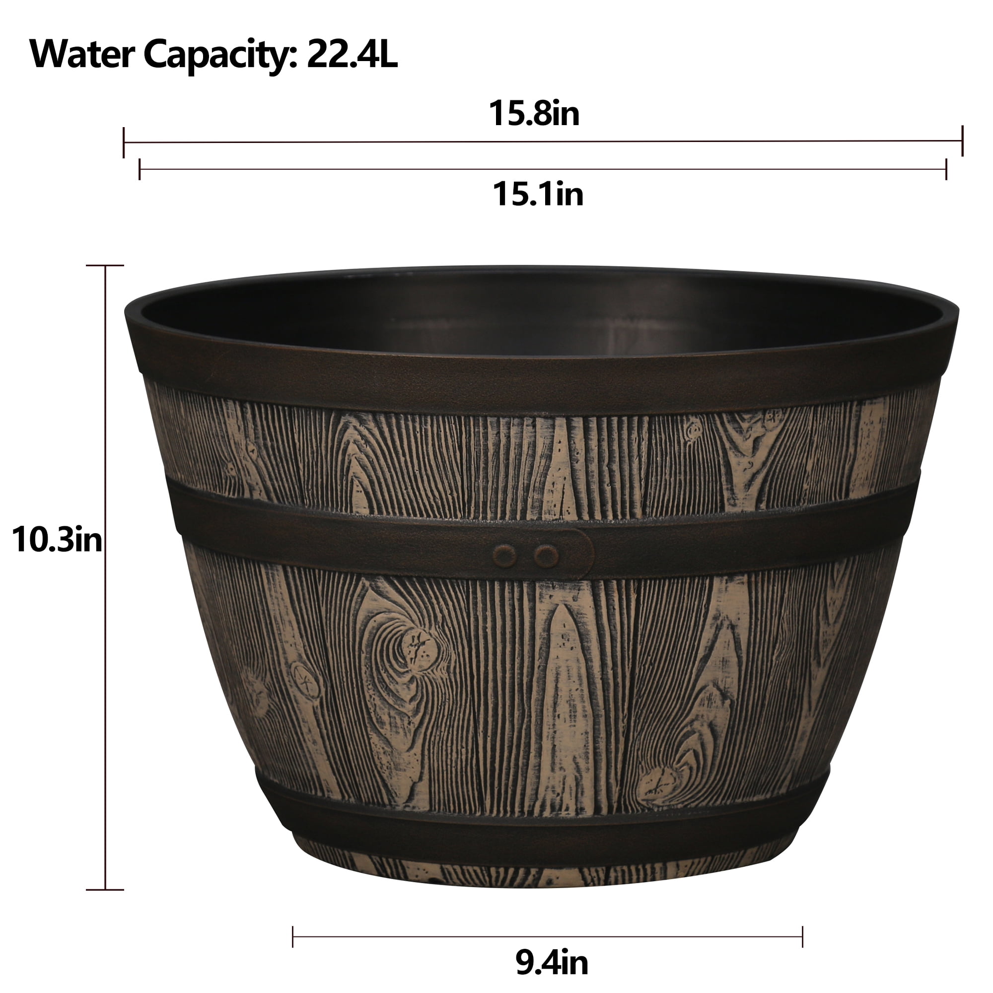 Better Homes & Gardens Whiskey Barrel Brown Resin Planter, 15.8in x 15.8in x 10.3in