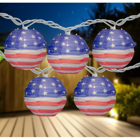 Northlight American Flag Paper Lantern Patriotic Patio Lights - 8.5' - White Wire - 10ct