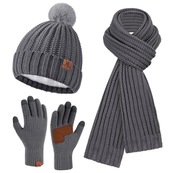 FZ FANTASTIC ZONE Womens Winter Warm Beanie Hat Long Neck Scarf Touchscreen Gloves Set Knit Skull Caps Pompom with Fleece Lined Gifts for Women, Darkgray