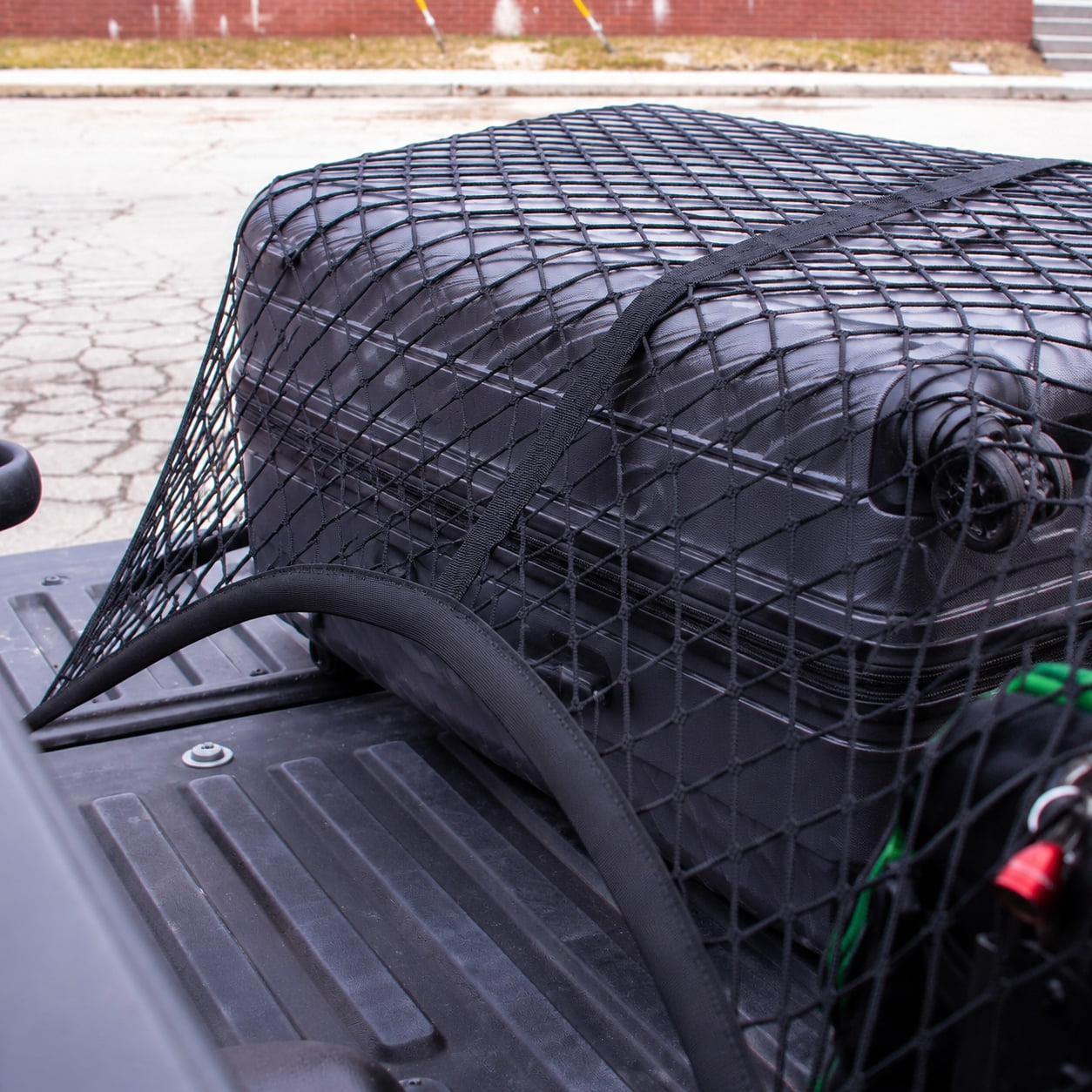 Heavy Duty Elastic Cargo Net 4'x4' (Stretches to 7'x7') , Double Layer Truck Bed Mesh Organizer for Pickup, SUV, ATV , Secures Luggage, Tools, Camping Gear , Weatherproof Bungee Tie Down Net