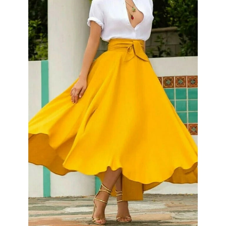 Womens High Waist Maxi Skirt Bow Tie Front Pleated Flared Big Hem A Line Swing Flowy Ankle Length Skirt