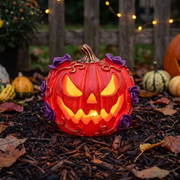 Halloween Lighted Resin Pumpkin Lamp, Battery Powered LED Spooky Tabletop Ornament with Carved Face, Hand-Painted Pumpkin Figurine for Home Window Party and Fall Decor, Multiple Styles Available