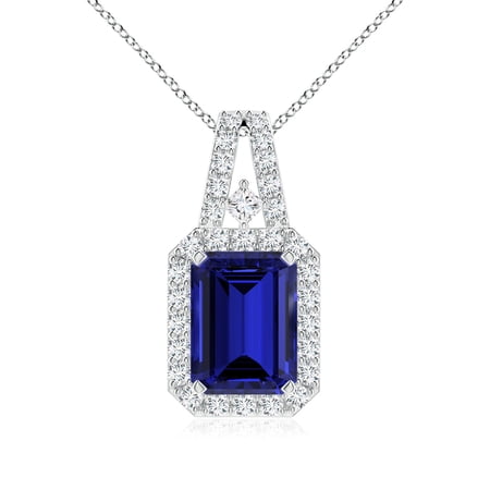 ANGARA Lab Grown 1.65 Ct Emerald-Cut Blue Sapphire Halo Pendant for Women in 14K White Gold (Size-8x6mm) | September Birthstone Anniversary Jewelry Gift for Women | Lab-Grown Blue Sapphire Necklace