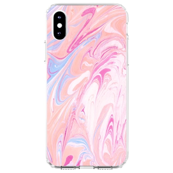 DistinctInk Clear Shockproof Hybrid Case for iPhone XR (6.1" Screen) - TPU Bumper, Acrylic Back, Tempered Glass Screen Protector - Pink Blue White Marble Image Print - Printed Marble Image