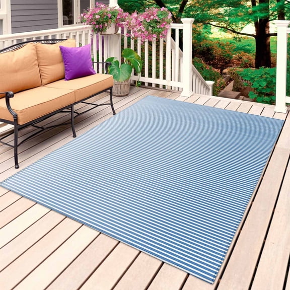 Blue Striped Outdoor Rug for Patio/Deck/Porch, Non-Slip Large Area Rug 5 x 7 Ft, Modern Minimalist Ombre Vertical Stripes Indoor Outdoor Rugs Washable Area Rugs, Reversible Camping Rug Carpet Runner