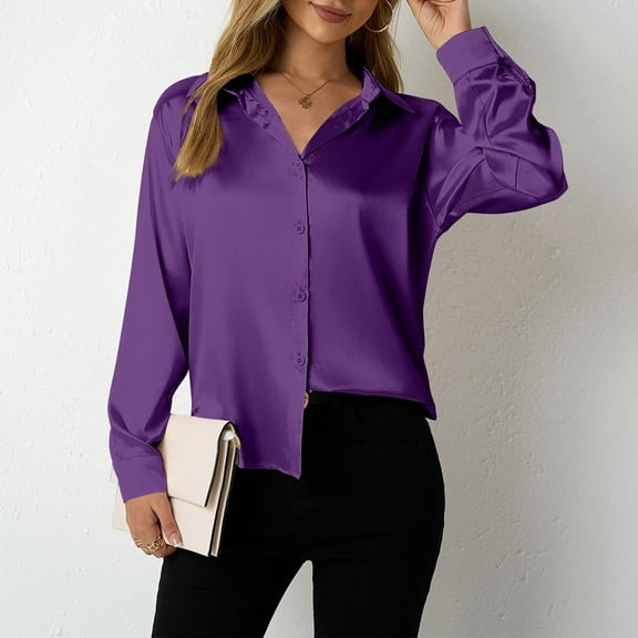 tarylea Business Casual Tops for Women Satin Button down Turn down Collar Shirts Long Sleeve Solid Color Blouse Loose Comfy Office Tops