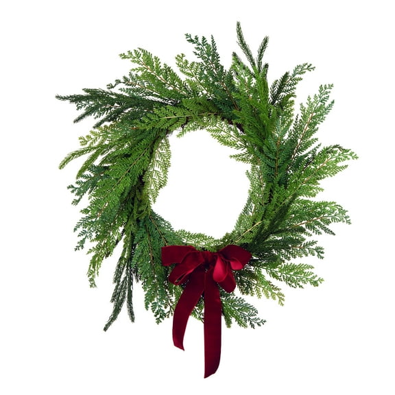 24 in. Artificial Christmas Wreath, Green, Chritsmas Cottage, Dark Red Velvet Bow
