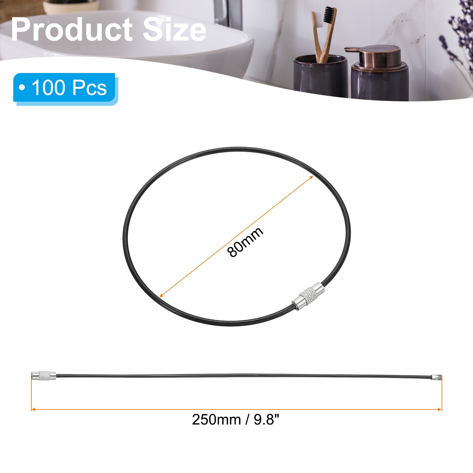 9.8 Inch Stainless Steel Wire Keychain Cable Key Ring Loop, Black, 100 Pack